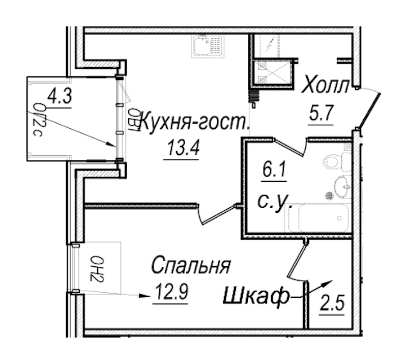 1-комнатная квартира 42.8 м², 7/8 эт., Комплекс апартаментов «Meltzer Hall»